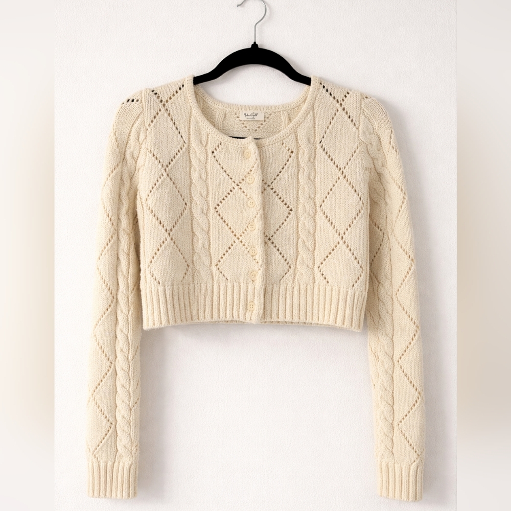 Cream Cropped Cable Knit Cardigan 100% Cotton Coquette Y2K Button Front